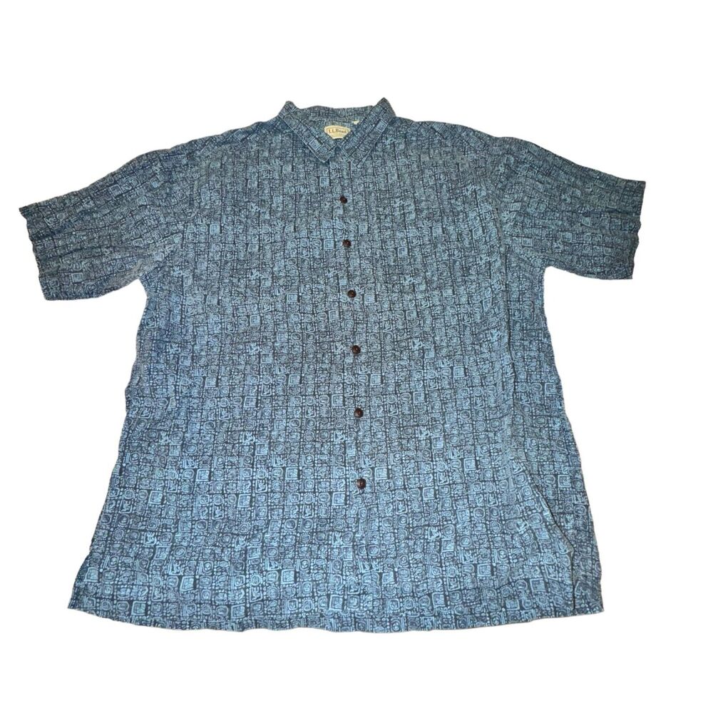 LL Bean Hawaiian Shirt Men's L-Reg Blue Abstract Print S/S Button Front Collared